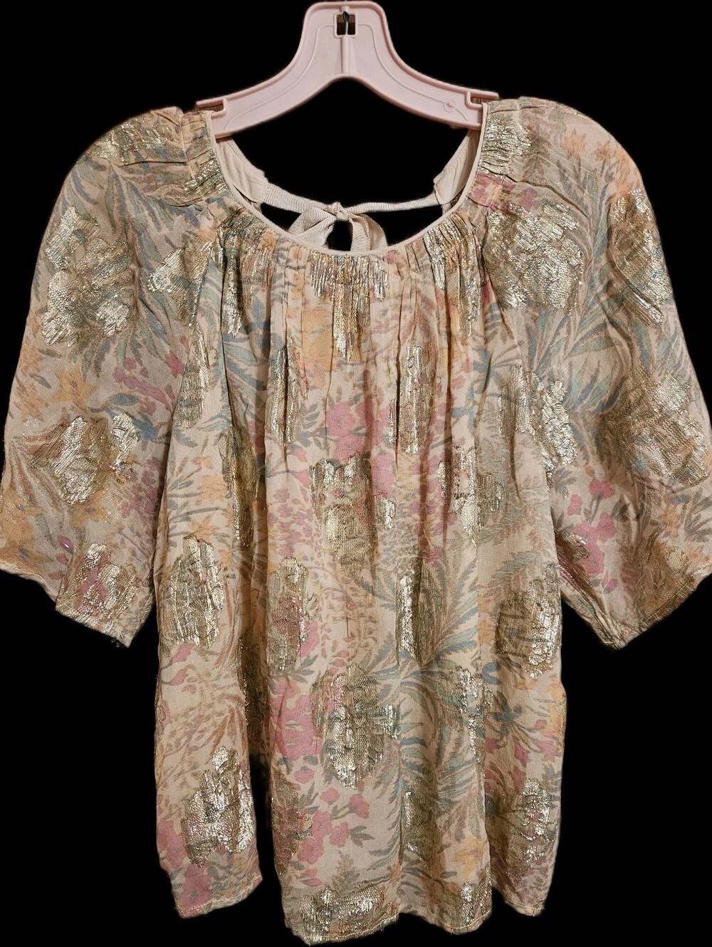 Boho Floral Metallic Accent Peasant Top - Pink & Gold